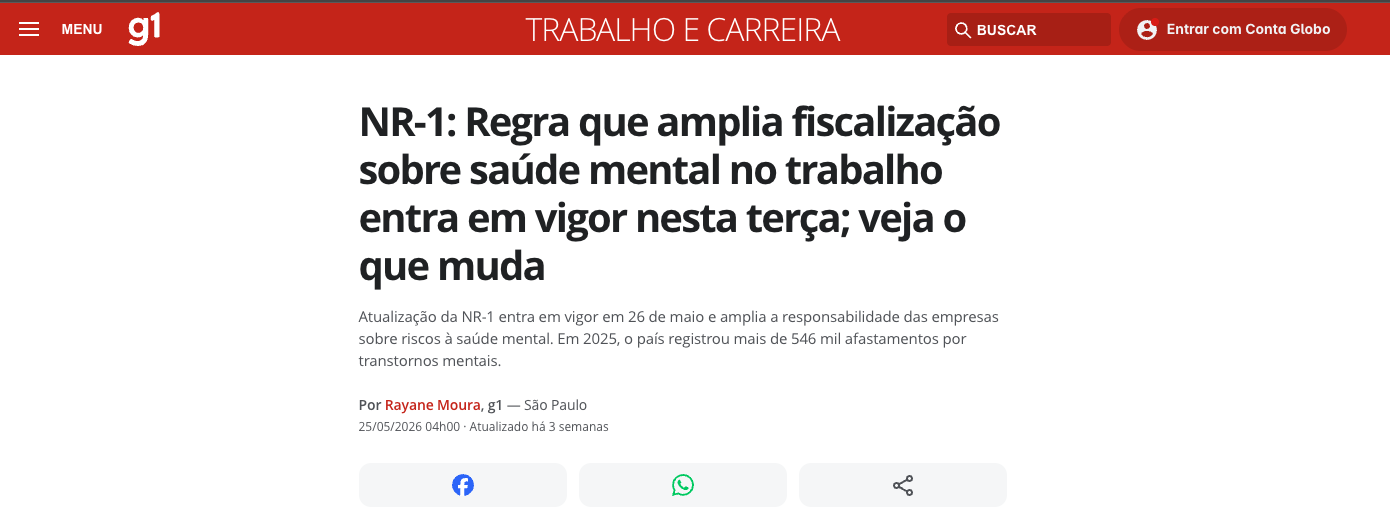 Reportagem do g1 sobre a fiscalização da NR-1